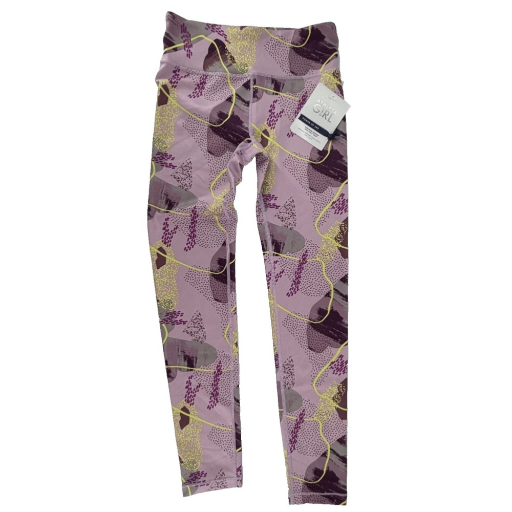 Athleta Girl High Rise Chit Chat Printed Leggings Abstract Pink Purple XL 14 NWT